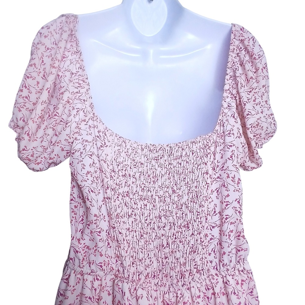Trixxi Women L Pink Floral Midi Dress Cottagecore Coquette Puff Sleeve Smocked - Picture 9 of 13